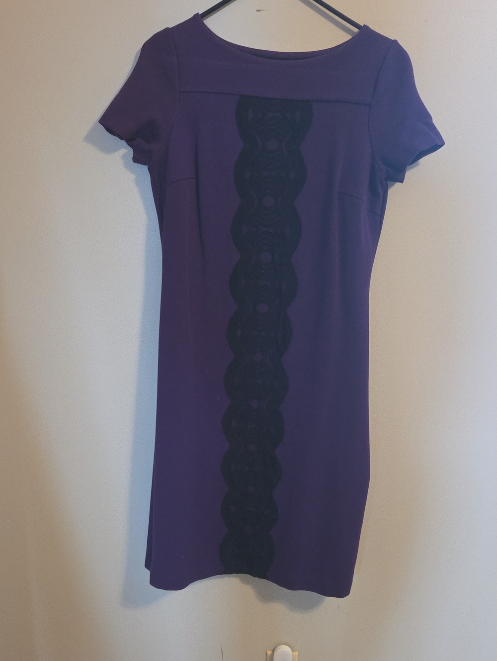 Boden Purple Short-Sleeve Sheath Dress with Black Lace Panel 6L